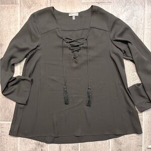 Neiman Marcus Black Lace-Up V-Neck Blouse with Tassel Ties
